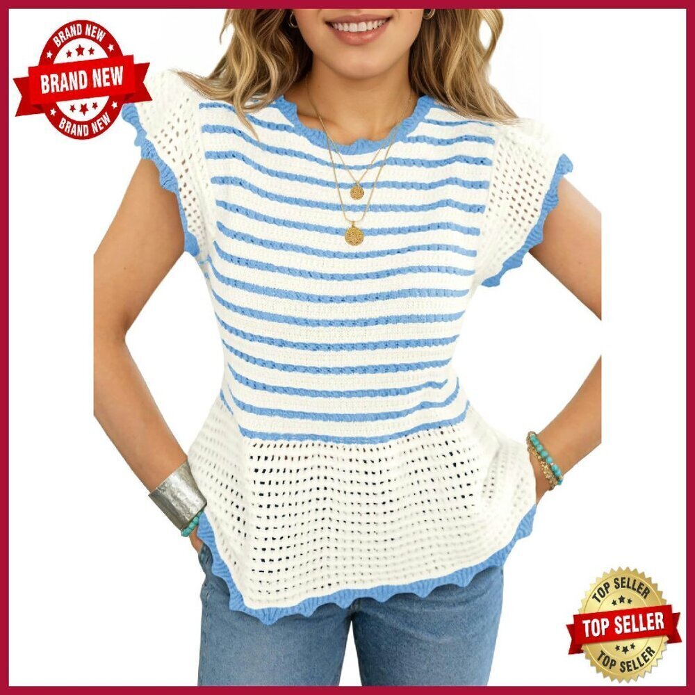 Crochet Knit Striped Pullover Top Ruffle Hem Cap Sleeve Summer
